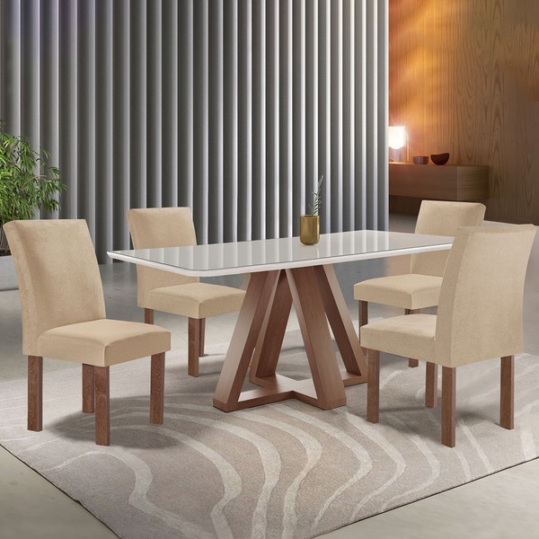 Mesa de Jantar 4 Lugares Kyra/Canela com Vidro Chocolate/Off White/Suede Cru - Cel Móveis