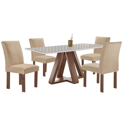 Mesa de Jantar 4 Lugares Kyra/Canela com Vidro Chocolate/Off White/Suede Cru - Cel Móveis