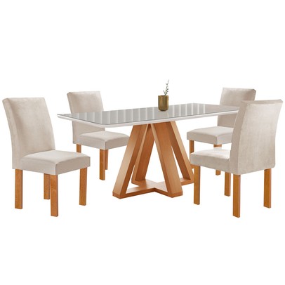 Mesa de Jantar 4 Lugares Kyra/Canela com Vidro Cinamomo/Off White/Suede Bege - Cel Móveis