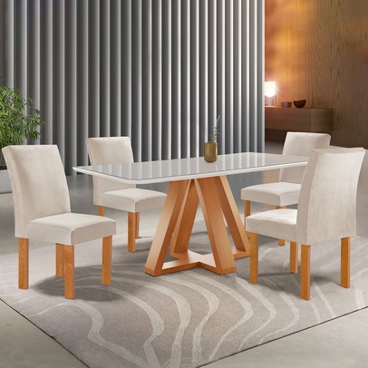 Mesa de Jantar 4 Lugares Kyra/Canela com Vidro Cinamomo/Off White/Suede Bege - Cel Móveis
