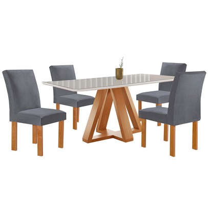 Mesa de Jantar 4 Lugares Kyra/Canela com Vidro Cinamomo/Off White/Suede Cinza - Cel Móveis