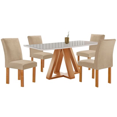 Mesa de Jantar 4 Lugares Kyra/Canela com Vidro Cinamomo/Off White/Suede Cru - Cel Móveis