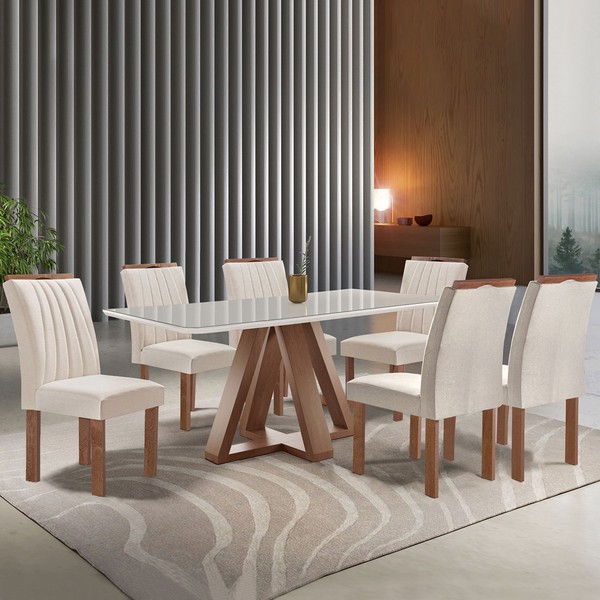 Mesa de Jantar 6 Lugares Kyra/Arizona com Vidro Chocolate/Off White/Suede Bege - Cel Móveis