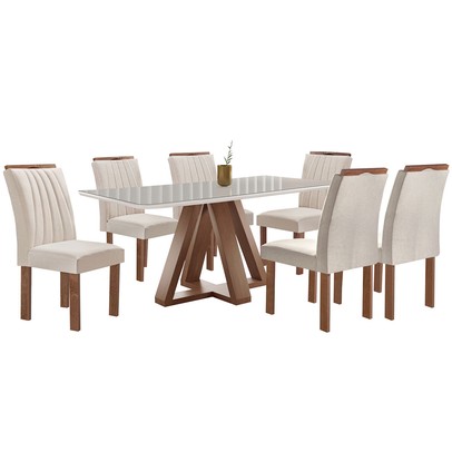 Mesa de Jantar 6 Lugares Kyra/Arizona com Vidro Chocolate/Off White/Suede Bege - Cel Móveis