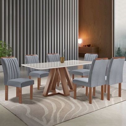 Mesa de Jantar 6 Lugares Kyra/Arizona com Vidro Chocolate/Off White/Suede Cinza - Cel Móveis