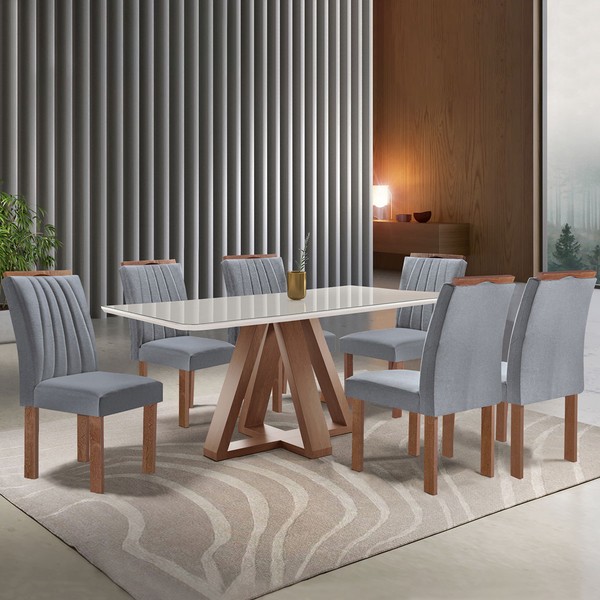 Mesa de Jantar 6 Lugares Kyra/Arizona com Vidro Chocolate/Off White/Suede Cinza - Cel Móveis