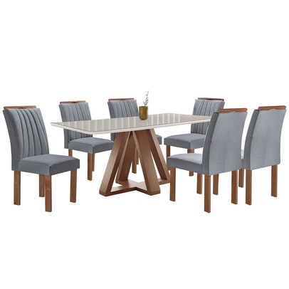 Mesa de Jantar 6 Lugares Kyra/Arizona com Vidro Chocolate/Off White/Suede Cinza - Cel Móveis