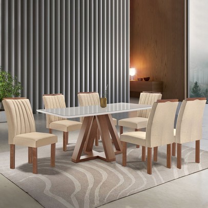 Mesa de Jantar 6 Lugares Kyra/Arizona com Vidro Chocolate/Off White/Suede Cru - Cel Móveis