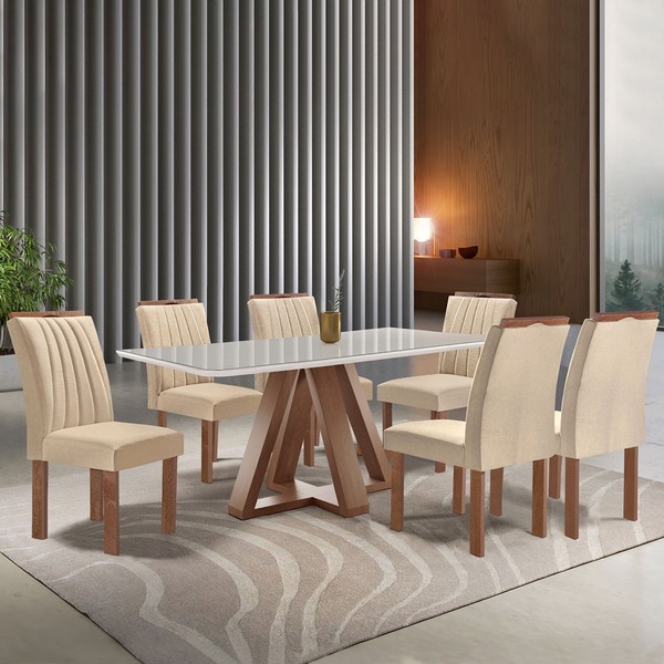 Mesa de Jantar 6 Lugares Kyra/Arizona com Vidro Chocolate/Off White/Suede Cru - Cel Móveis