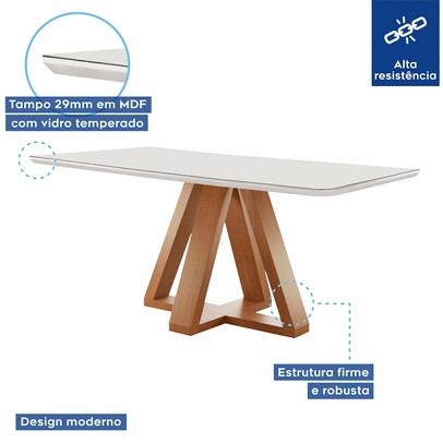 Mesa de Jantar 6 Lugares Kyra/Arizona com Vidro Cinamomo/Off White/Suede Bege - Cel Móveis