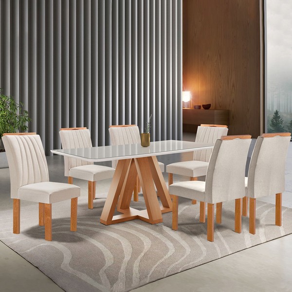 Mesa de Jantar 6 Lugares Kyra/Arizona com Vidro Cinamomo/Off White/Suede Bege - Cel Móveis