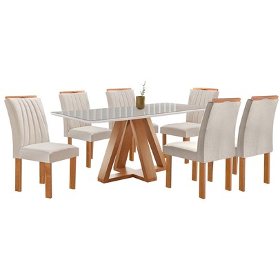 Mesa de Jantar 6 Lugares Kyra/Arizona com Vidro Cinamomo/Off White/Suede Bege - Cel Móveis