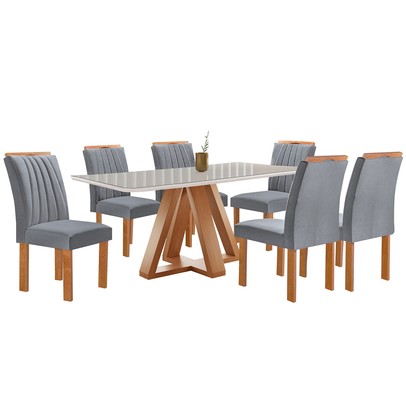Mesa de Jantar 6 Lugares Kyra/Arizona com Vidro Cinamomo/Off White/Suede Cinza - Cel Móveis