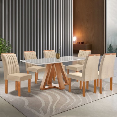 Mesa de Jantar 6 Lugares Kyra/Arizona com Vidro Cinamomo/Off White/Suede Cru - Cel Móveis