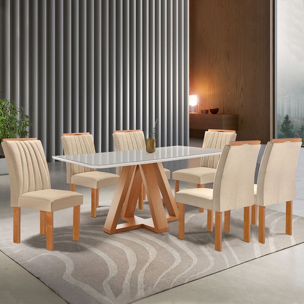 Mesa de Jantar 6 Lugares Kyra/Arizona com Vidro Cinamomo/Off White/Suede Cru - Cel Móveis