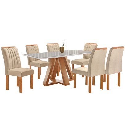 Mesa de Jantar 6 Lugares Kyra/Arizona com Vidro Cinamomo/Off White/Suede Cru - Cel Móveis