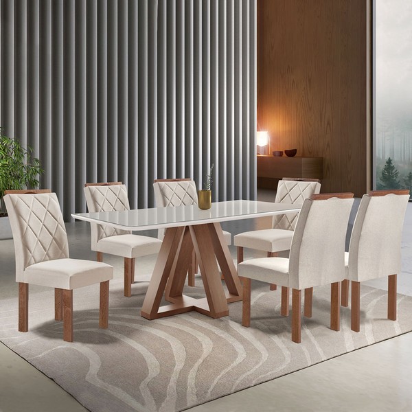 Mesa de Jantar 6 Lugares Kyra/Arthus com Vidro Chocolate/Off White/Suede Bege - Cel Móveis