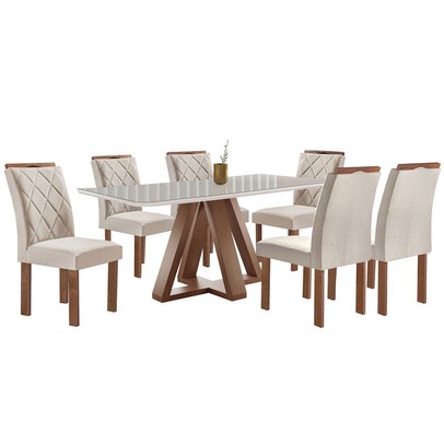 Mesa de Jantar 6 Lugares Kyra/Arthus com Vidro Chocolate/Off White/Suede Bege - Cel Móveis