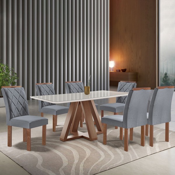 Mesa de Jantar 6 Lugares Kyra/Arthus com Vidro Chocolate/Off White/Suede Cinza - Cel Móveis