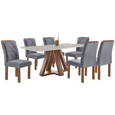 Mesa de Jantar 6 Lugares Kyra/Arthus com Vidro Chocolate/Off White/Suede Cinza - Cel Móveis