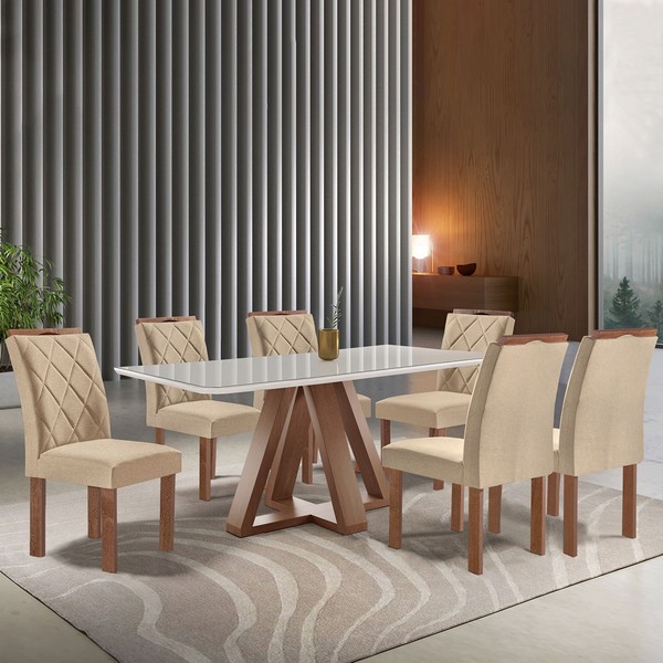 Mesa de Jantar 6 Lugares Kyra/Arthus com Vidro Chocolate/Off White/Suede Cru - Cel Móveis