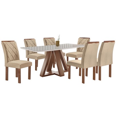 Mesa de Jantar 6 Lugares Kyra/Arthus com Vidro Chocolate/Off White/Suede Cru - Cel Móveis
