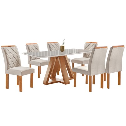 Mesa de Jantar 6 Lugares Kyra/Arthus com Vidro Cinamomo/Off White/Suede Bege - Cel Móveis