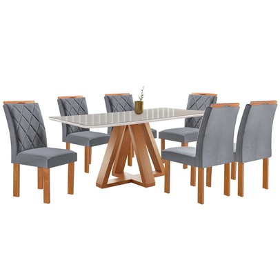 Mesa de Jantar 6 Lugares Kyra/Arthus com Vidro Cinamomo/Off White/Suede Cinza - Cel Móveis