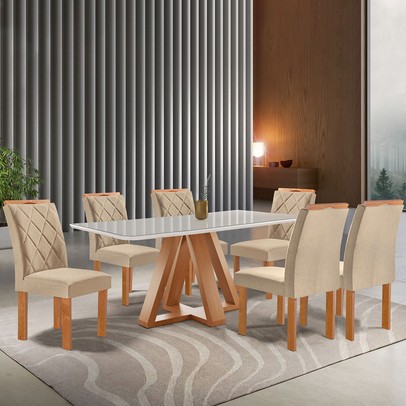 Mesa de Jantar 6 Lugares Kyra/Arthus com Vidro Cinamomo/Off White/Suede Cru - Cel Móveis