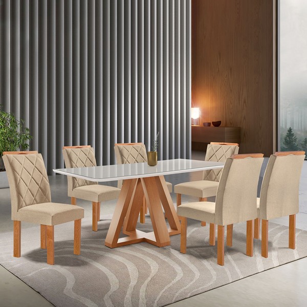 Mesa de Jantar 6 Lugares Kyra/Arthus com Vidro Cinamomo/Off White/Suede Cru - Cel Móveis