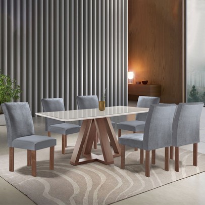 Mesa de Jantar 6 Lugares Kyra/Canela com Vidro Chocolate/Off White/Suede Cinza - Cel Móveis