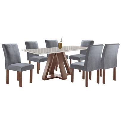 Mesa de Jantar 6 Lugares Kyra/Canela com Vidro Chocolate/Off White/Suede Cinza - Cel Móveis