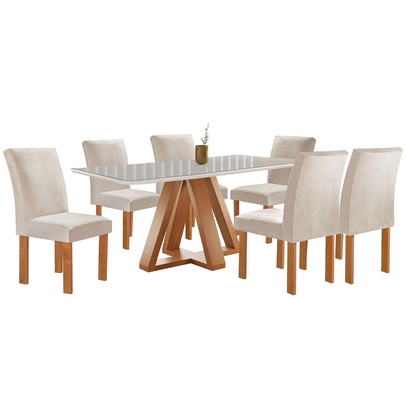 Mesa de Jantar 6 Lugares Kyra/Canela com Vidro Cinamomo/Off White/Suede Bege - Cel Móveis