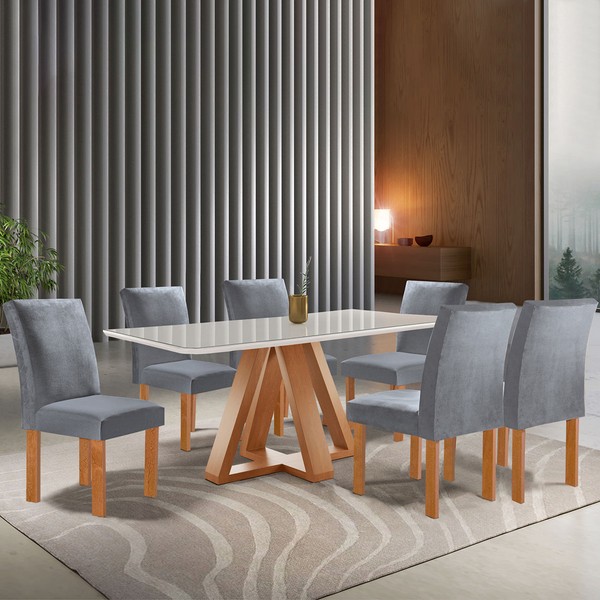 Mesa de Jantar 6 Lugares Kyra/Canela com Vidro Cinamomo/Off White/Suede Cinza - Cel Móveis