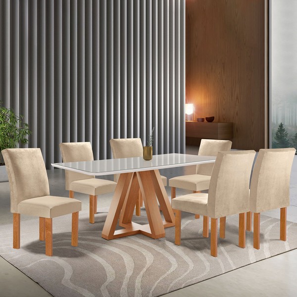 Mesa de Jantar 6 Lugares Kyra/Canela com Vidro Cinamomo/Off White/Suede Cru - Cel Móveis