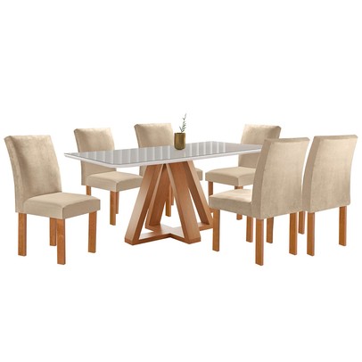 Mesa de Jantar 6 Lugares Kyra/Canela com Vidro Cinamomo/Off White/Suede Cru - Cel Móveis