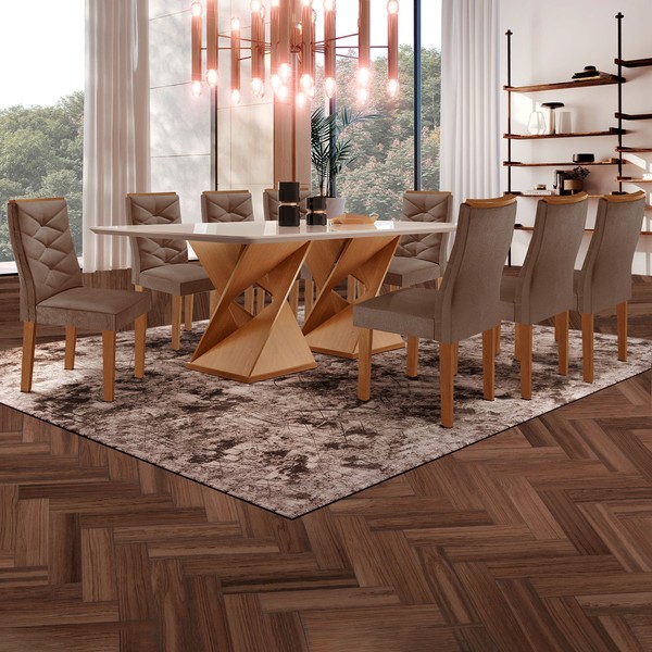 Mesa de Jantar 8 Lugares Barcelona com Vidro Cinamomo/Off White/Suede Animale - Cel Móveis