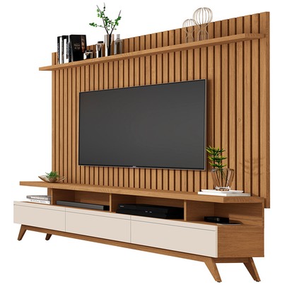 Rack com Painel para TV Até 72 Polegadas Vivare Wood Classic 3 Gavetas Off White/Freijó - Giga Móveis