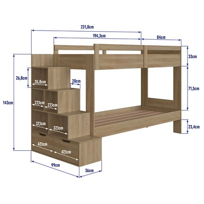 Beliche Infantil 2 Gavetas com Escada Aveiro Oak - Completa Móveis