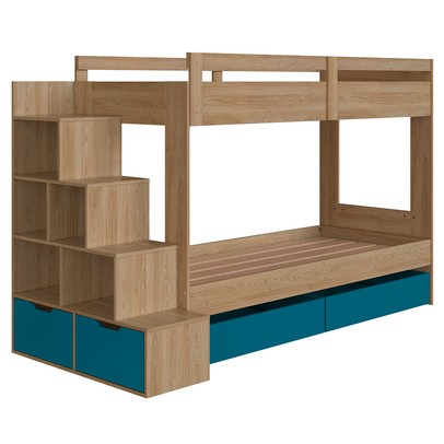 Beliche 4 Gavetas com Escada Aveiro Oak/Azul Secreto - Completa Móveis