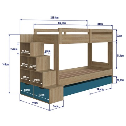 Beliche 4 Gavetas com Escada Aveiro Oak/Azul Secreto - Completa Móveis