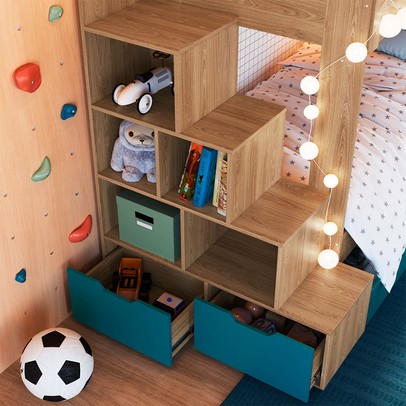 Beliche 4 Gavetas com Escada Aveiro Oak/Azul Secreto - Completa Móveis