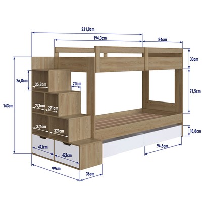 Beliche 4 Gavetas com Escada Aveiro Oak/Branco - Completa Móveis