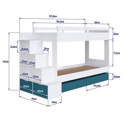 Beliche 4 Gavetas com Escada Branco/Azul Secreto - Completa Móveis