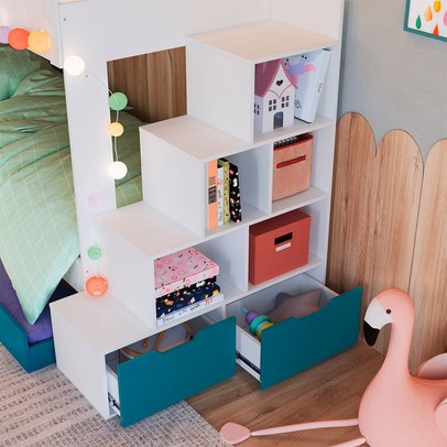 Beliche 4 Gavetas com Escada Branco/Azul Secreto - Completa Móveis