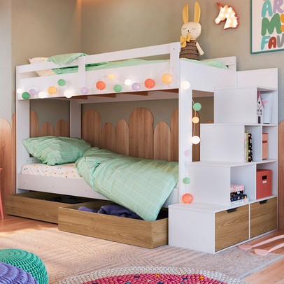 Beliche 4 Gavetas com Escada Branco/Aveiro Oak - Completa Móveis