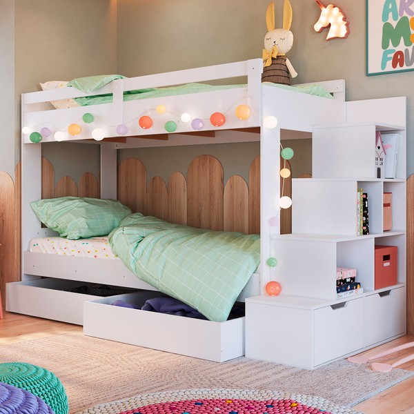 Beliche 4 Gavetas com Escada Branco - Completa Móveis