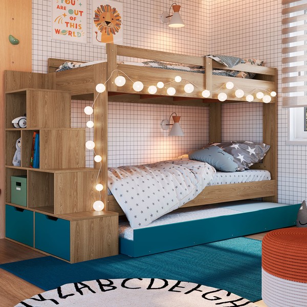 Treliche 2 Gavetas Aveiro Oak/Azul Secreto - Completa Móveis