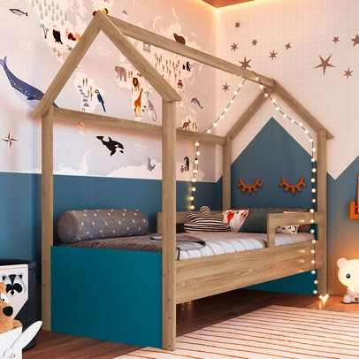 Cama Infantil Montessoriana Aveiro Oak/Azul Secreto - Completa Móveis