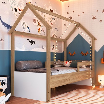 Cama Infantil Montessoriana Aveiro Oak/Branco - Completa Móveis